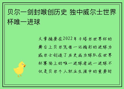 贝尔一剑封喉创历史 独中威尔士世界杯唯一进球
